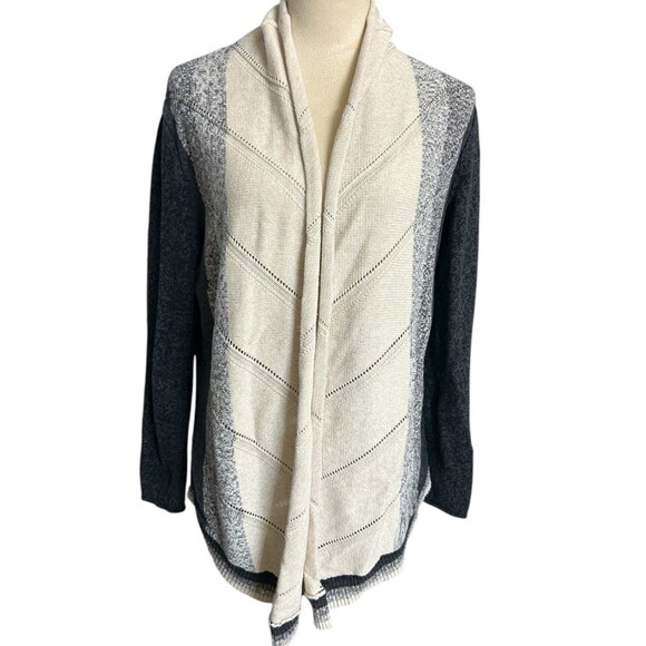 Natural Reflections Open Drape Knit Cotton Beige Black Boho Cardigan Sz M - Picture 1 of 9
